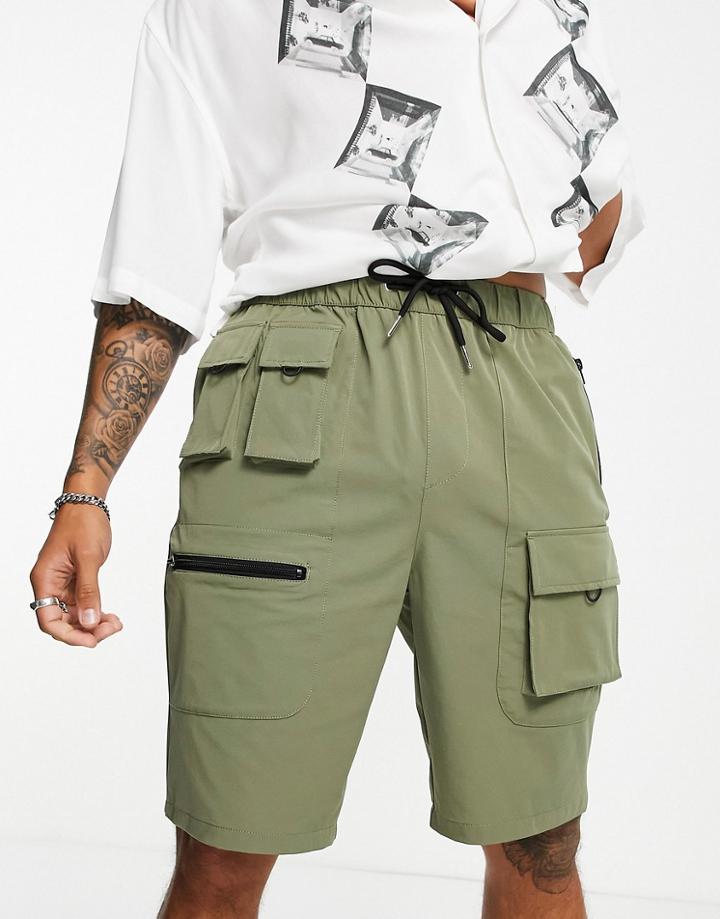 Topman Longline Multi Pocket Cargo Short In Khaki-green