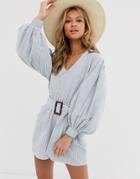 Asos Design Stripe Print Belted Long Sleeve Romper - Multi