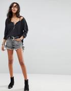 One Teaspoon Outlaws Denim Shorts With Raw Hem And Lace Up Side - Gray