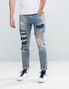 Asos Skinny Jeans With Mega Rips In Dusty Bleach Wash - Blue