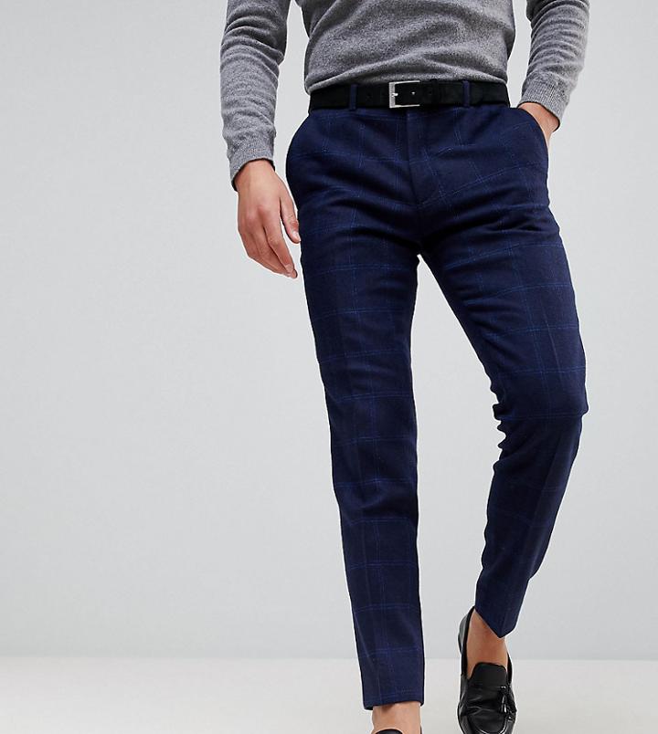 Heart & Dagger Slim Pants In Wool Mix Grid Check - Navy