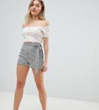 Boohoo Petite Stripe Tie Waist Shorts - Black