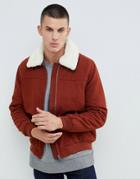 Asos Design Harrington Jacket With Fleece Collar In Brown
