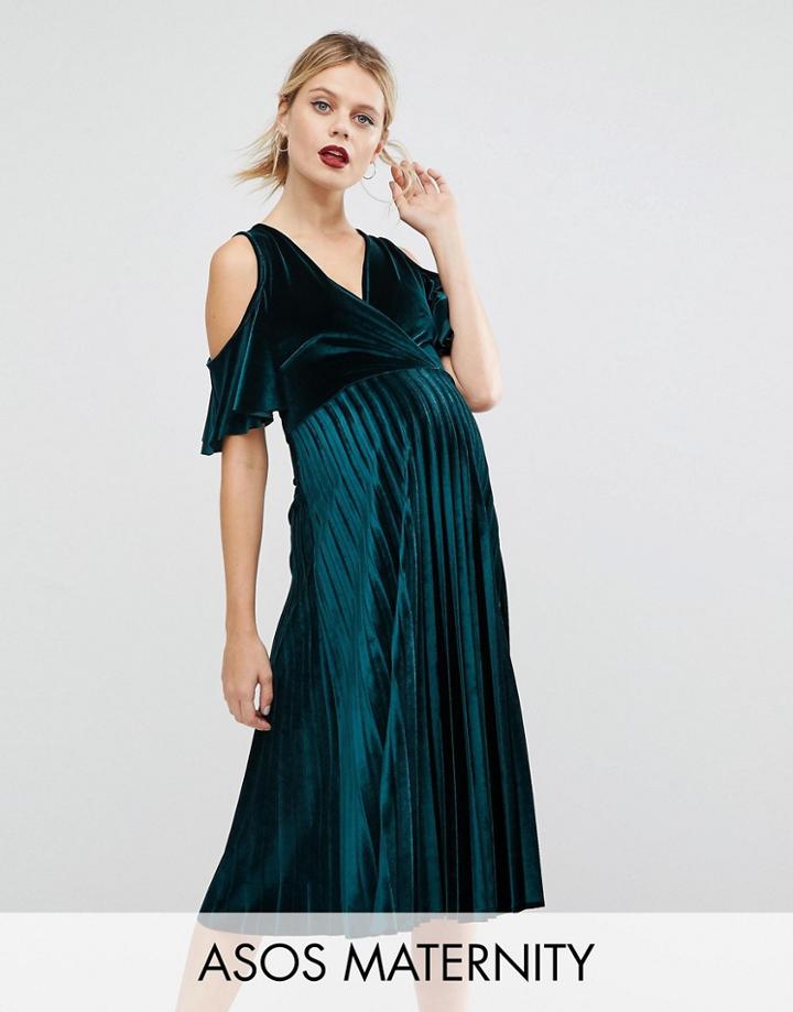 Asos Maternity Cold Shoulder Velvet Pleated Midi Dress - Green
