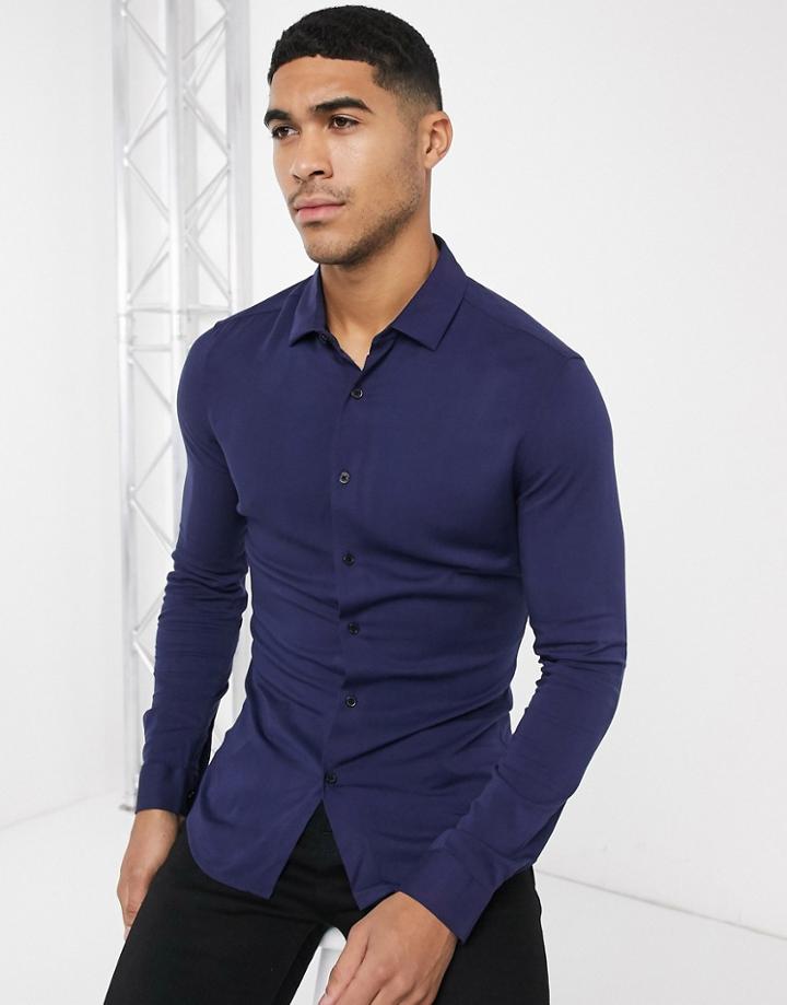 Asos Design Skinny Fit Viscose Shirt In Navy