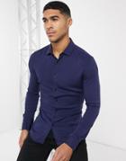 Asos Design Skinny Fit Viscose Shirt In Navy