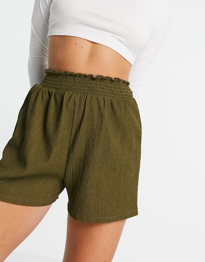 Asos Design Textured Short With Shirred Waist Band In Olive-green