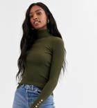 Asos Design Tall Gold Button Cuff Roll Neck-green