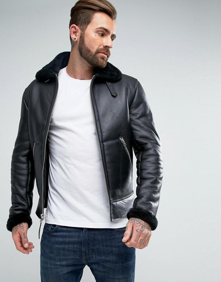 Schott Shearling Flight Jacket Slim Fit In Black - Black
