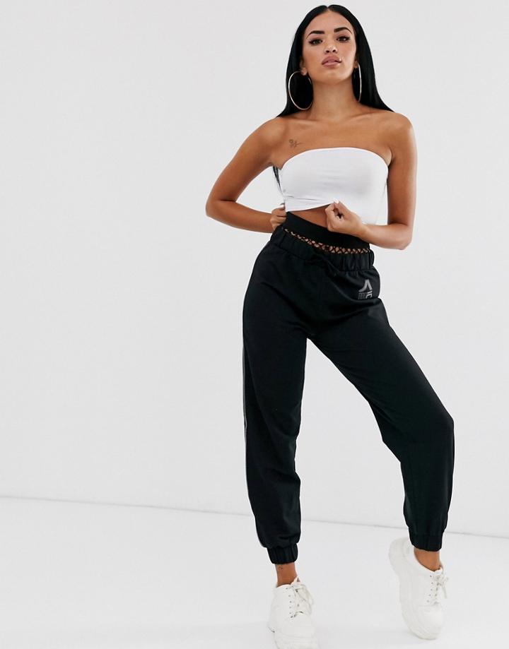 Asos Design Jogger With Reflective Piping And Fishnet Waist-black
