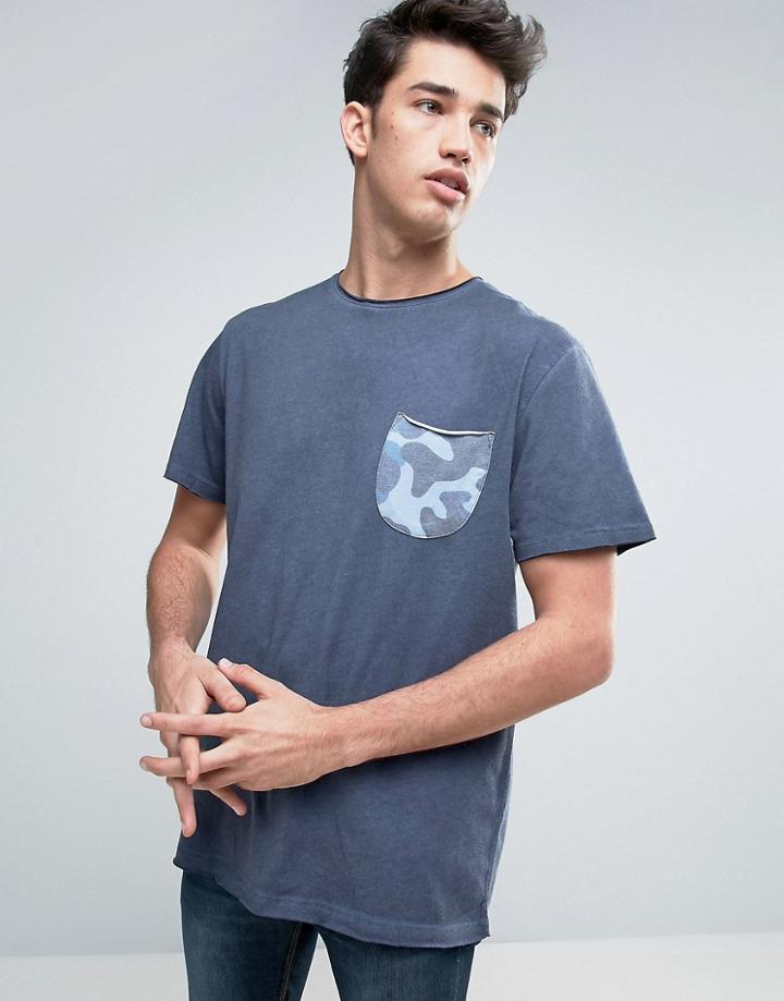 Redefined Rebel T-shirt With Contrast Camo Pocket - Navy