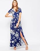 Club L Maxi Dress With Front Split In Large Floral Print - Navy