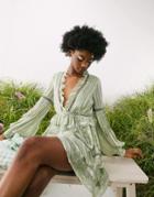 Asos Design Lace Insert Mini Dress With Belt In Satin Stripe-green