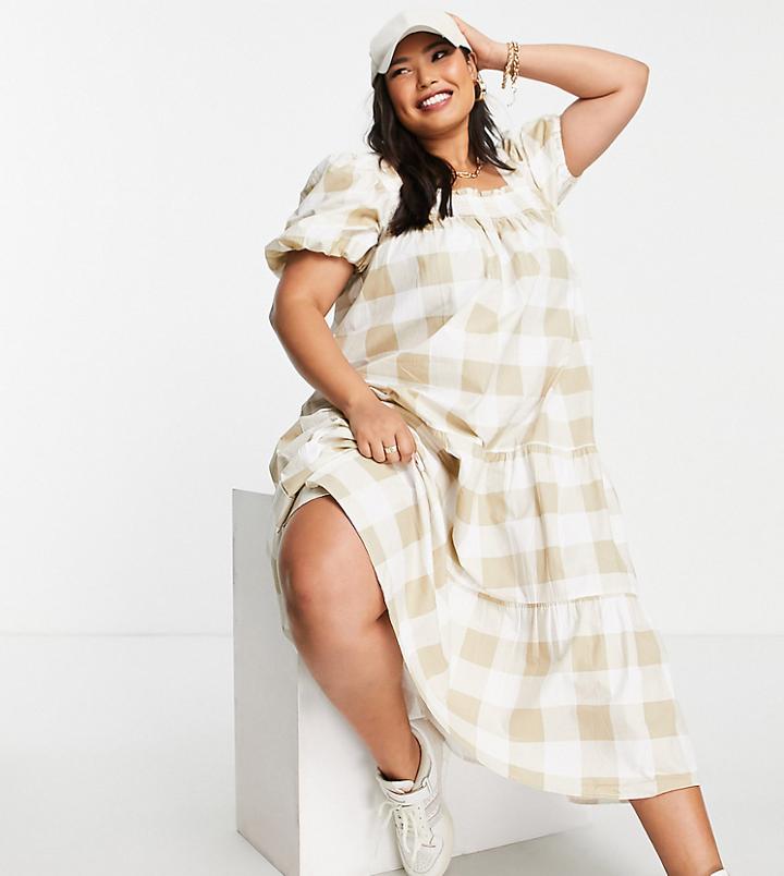 Influence Plus Square Neck Tiered Midi Dress In Beige Oversized Gingham-purple