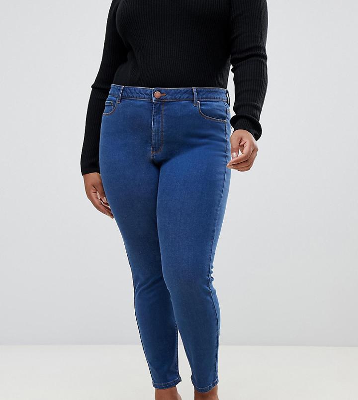 Asos Design Curve Ridley High Waisted Skinny Jeans In Flat Blue Wash