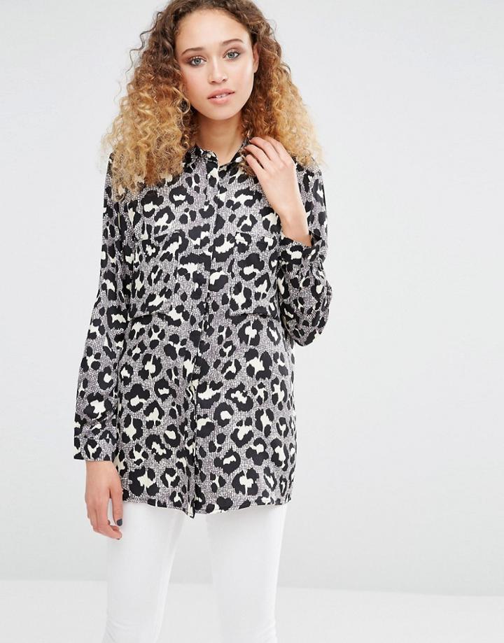 Daisy Street Shirt In Mono Animal Print - Black