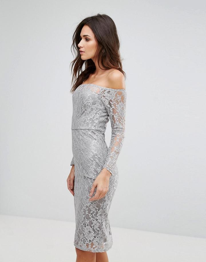 Ax Paris Lace Bardot Midi Dress - Gray