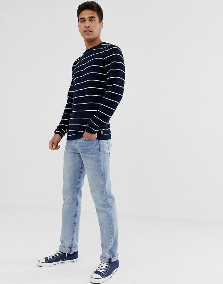 Burton Menswear Striped Crew Neck Sweater In Navy Ecru - Navy