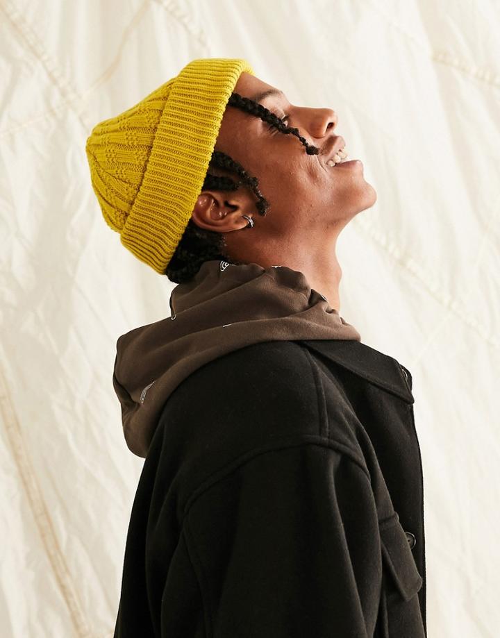 Asos Design Mini Fisherman Beanie In Chartreuse Texture-green