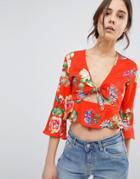 Influence Tie Front Peplum Top In Floral Print - Red