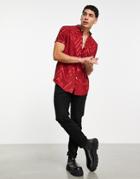 Asos Design Regular Fit Shirt In Burgundy Jacquard Print-red