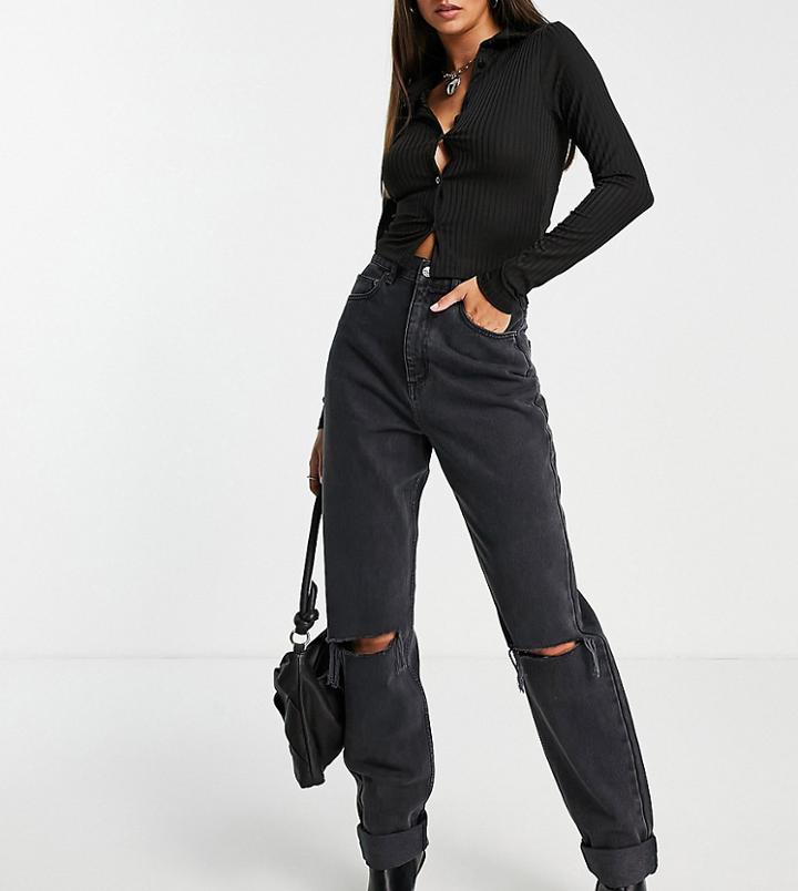 Asos Design Tall High Waist 'slouchy' Mom Jeans In Washed Black With Rips