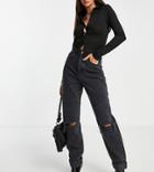 Asos Design Tall High Waist 'slouchy' Mom Jeans In Washed Black With Rips