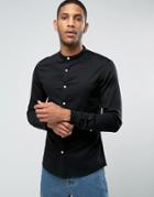 Asos Skinny Denim Shirt With Grandad Collar In Black - Black