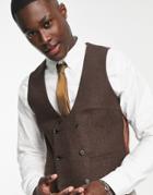 Harry Brown Wedding Wool Mix Slim Fit Double Breasted Shawl Lapel Vest In Brown Tweed