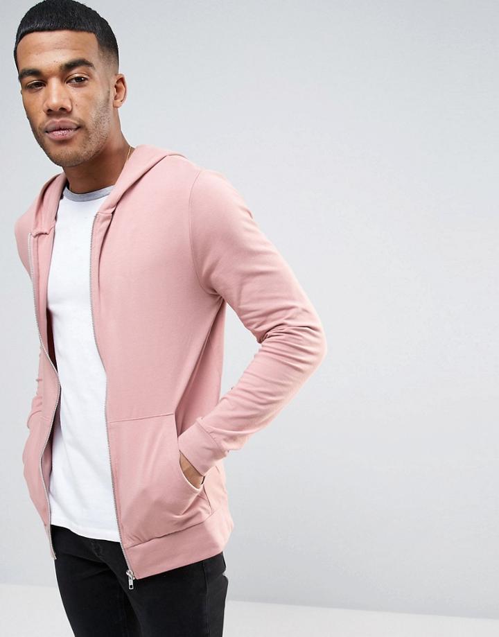 Asos Lightweight Muscle Zip Up Hoodie In Pink - Pink