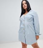 Asos Design Curve Button Through Mini Casual Skater Dress With Tie Sleeves In Chambray - Blue