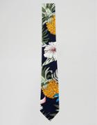 Asos Design Slim Tie With Pineapple Print In Blue - Blue