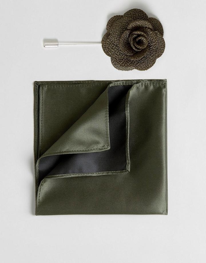 Gianni Feraud Floral Lapel Pin And Pocket Square Set - Green