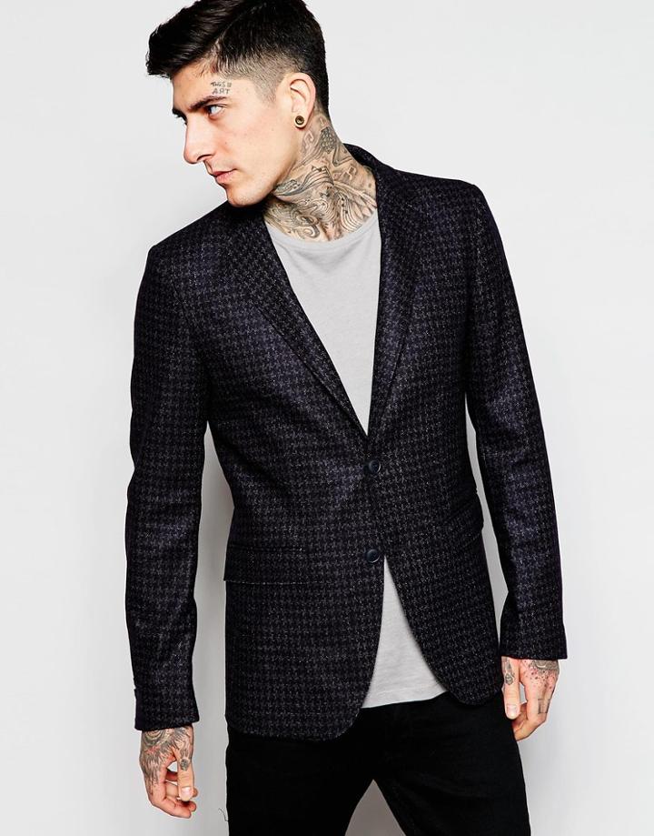 Sisley Houndstooth Blazer In Slim Fit - Black
