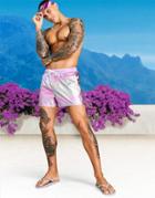 Asos Design Swim Shorts In Pink Metallic Super Short Length