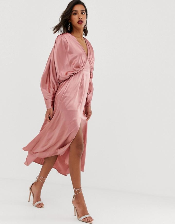 Asos Edition Ruched Batwing Midi Dress In Satin-pink