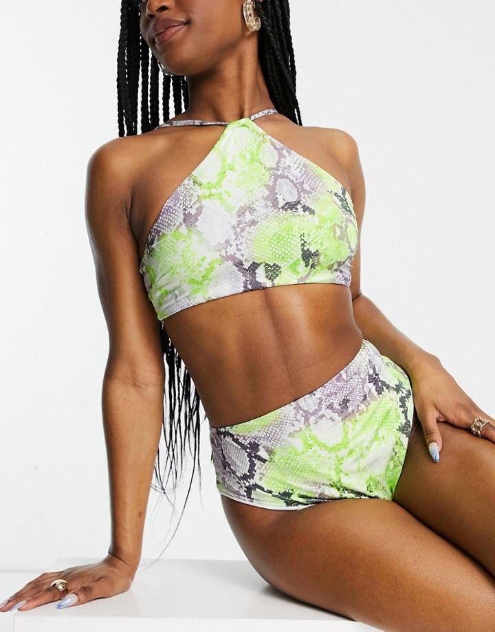 Asos Design High Leg High Waist Bikini Bottom In Neon Snake Print-multi