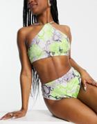 Asos Design High Leg High Waist Bikini Bottom In Neon Snake Print-multi