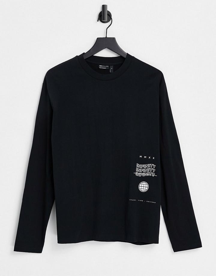 Asos Design Relaxed Long Sleeve T-shirt In Black Organic Cotton With Text Print