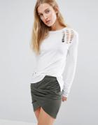 Pam & Gela Destroyed Long Sleeved Tee - White