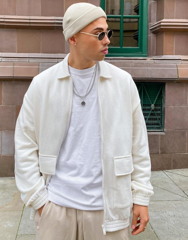 Asos Design Oversized Jersey Harrington Jacket In Soft White