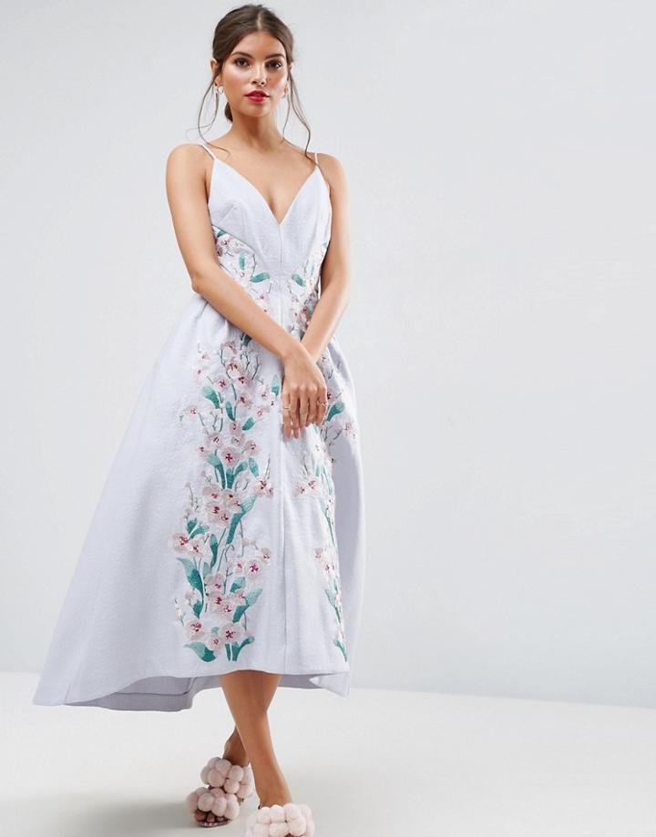 Asos Salon Embroidered Paneled Midi Pinny Prom Dress - Multi