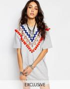 Reclaimed Vintage Short Sleeve Sweat Dress With Pom Poms - Gray
