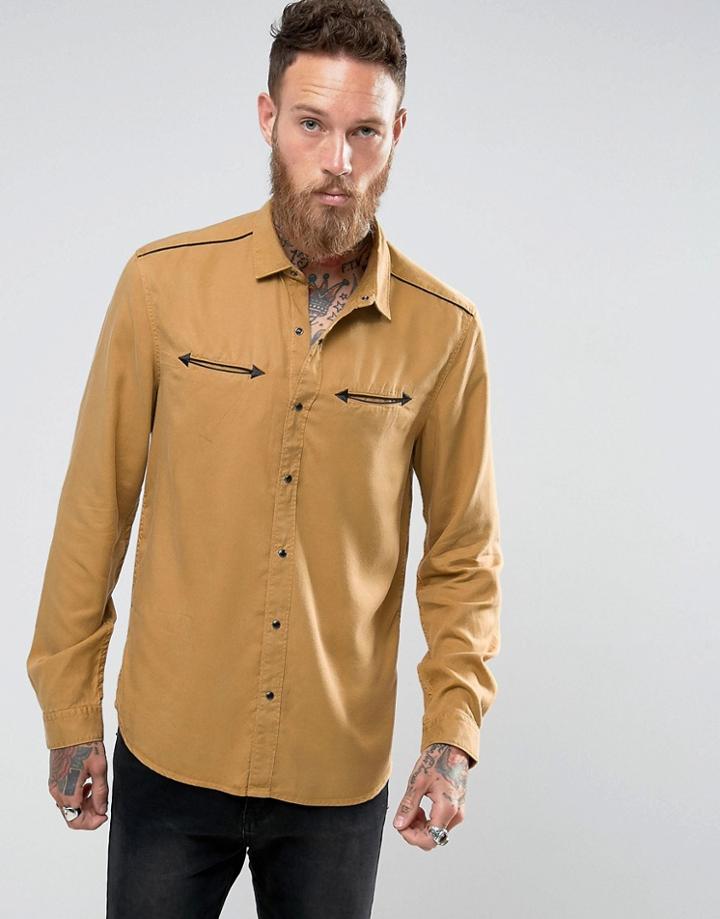 Asos Regular Fit Shirt In Drape Fabric With Western Pockets In Khaki - Green