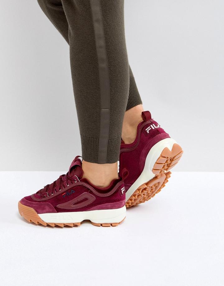 Fila Disruptor Sneaker In Burgundy Velvet - Red