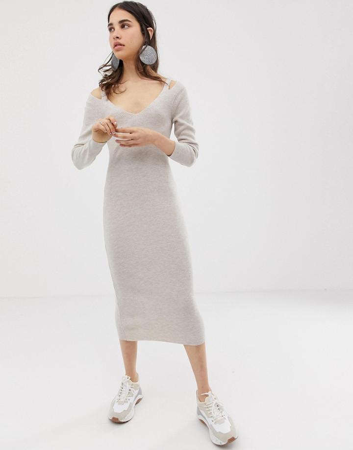 Asos Design Midi Dress In Rib With Cut Out Neck Detail - Green
