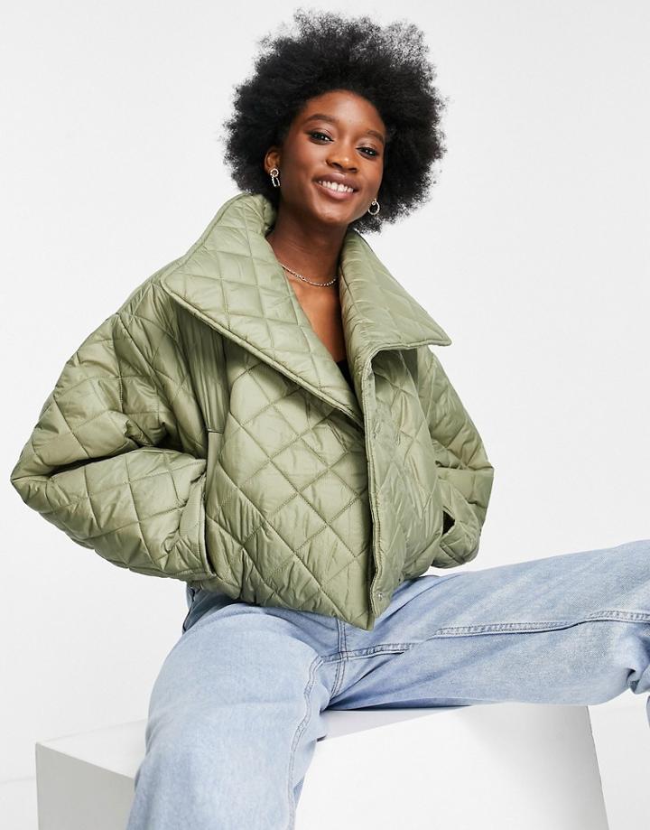 Asos Design Quilted Cropped Jacket In Khaki-green