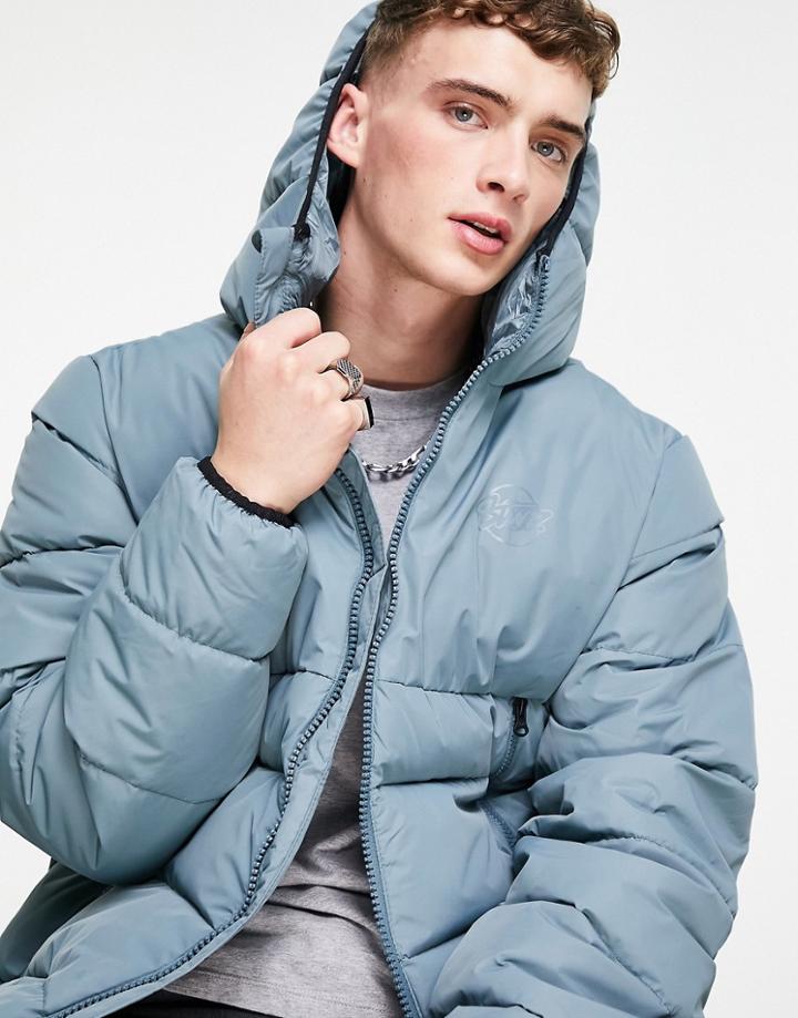 Pull & Bear Hooded Puffer Jacket In Blue-blues