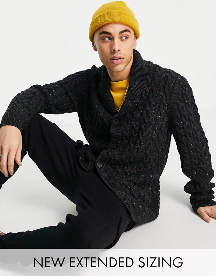 Asos Design Cableknit Shawl Cardigan In Charcoal-gray