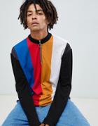 Asos Design Relaxed Long Sleeve T-shirt With Vertical Panel Stripe And Zip Neck-multi